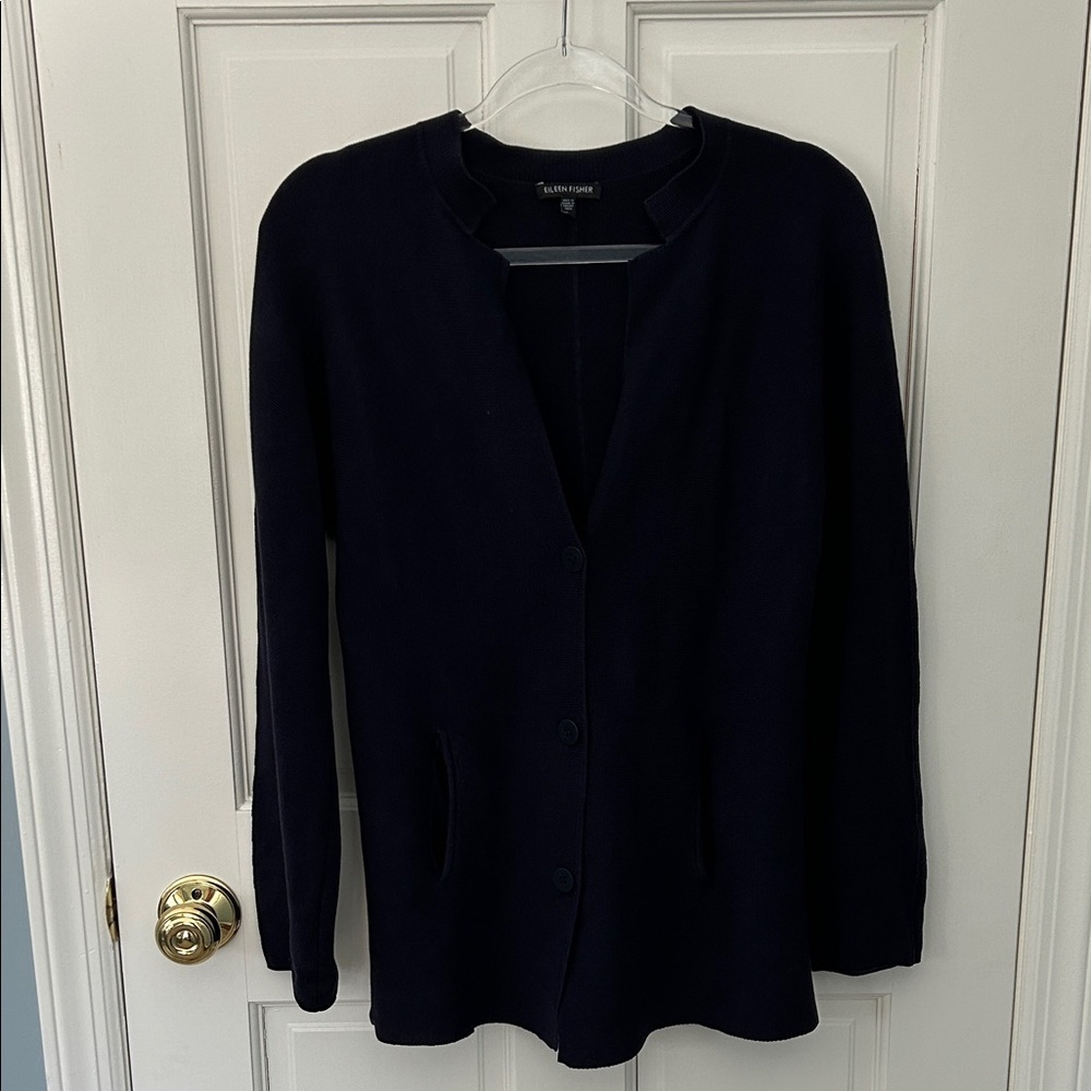 Eileen Fisher Navy Cotton Silk Knit Jacket Cardigan small EUC!